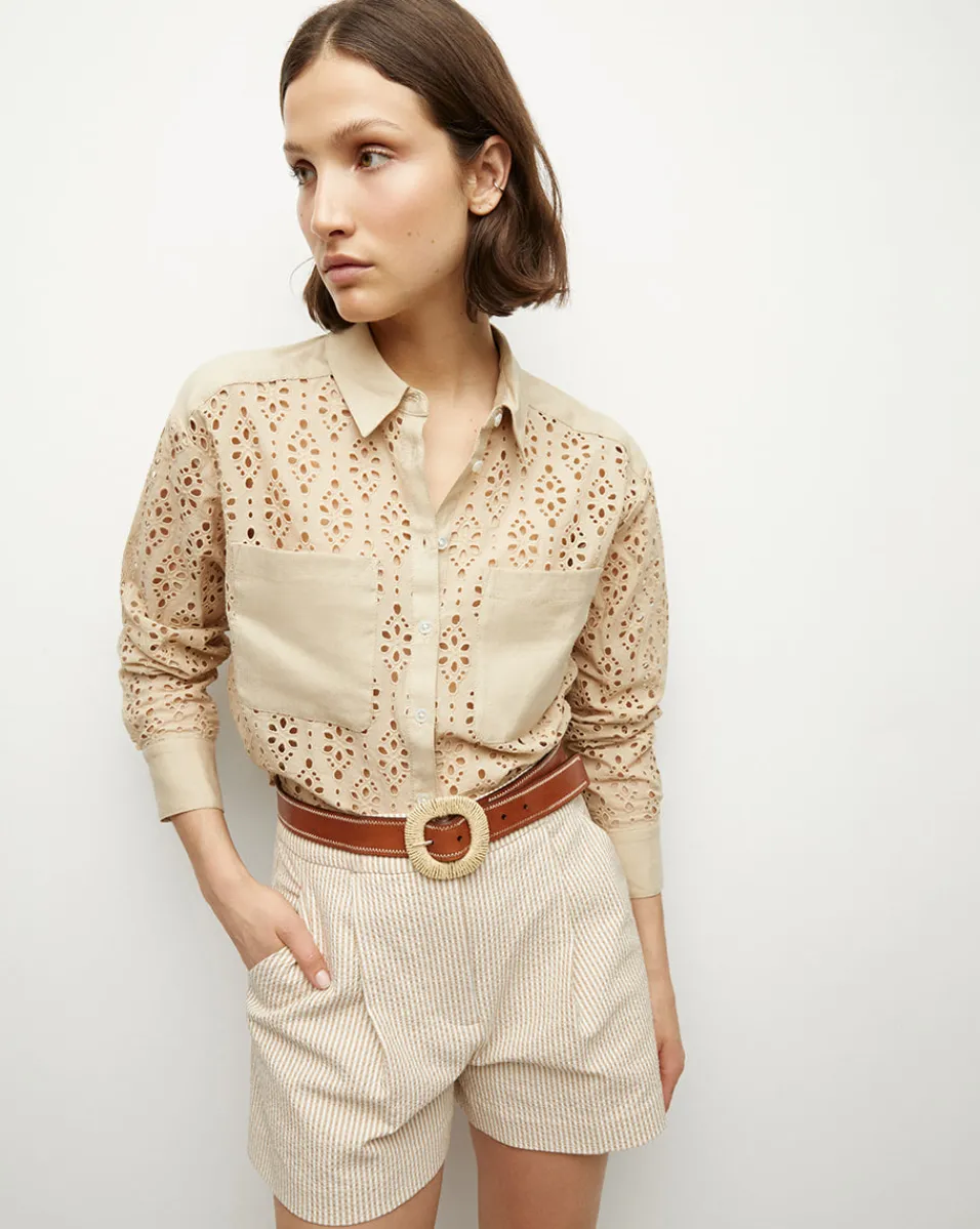 Shop Veronica Beard Aderes Cotton Eyelet Shirt in Stone Khaki StoneKhaki