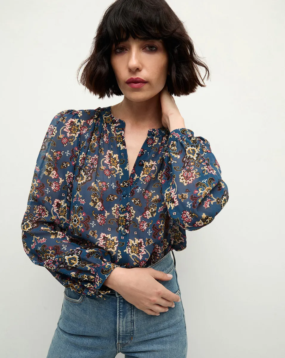 Cheap Veronica Beard Ashlynn Silk Blouse in Blue Print BlueStoneMulti