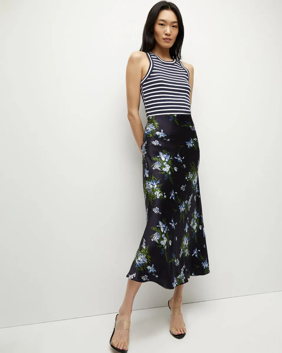 Clearance Veronica Beard Clover Stretch-Silk Skirt in Navy Multi NavyMulti