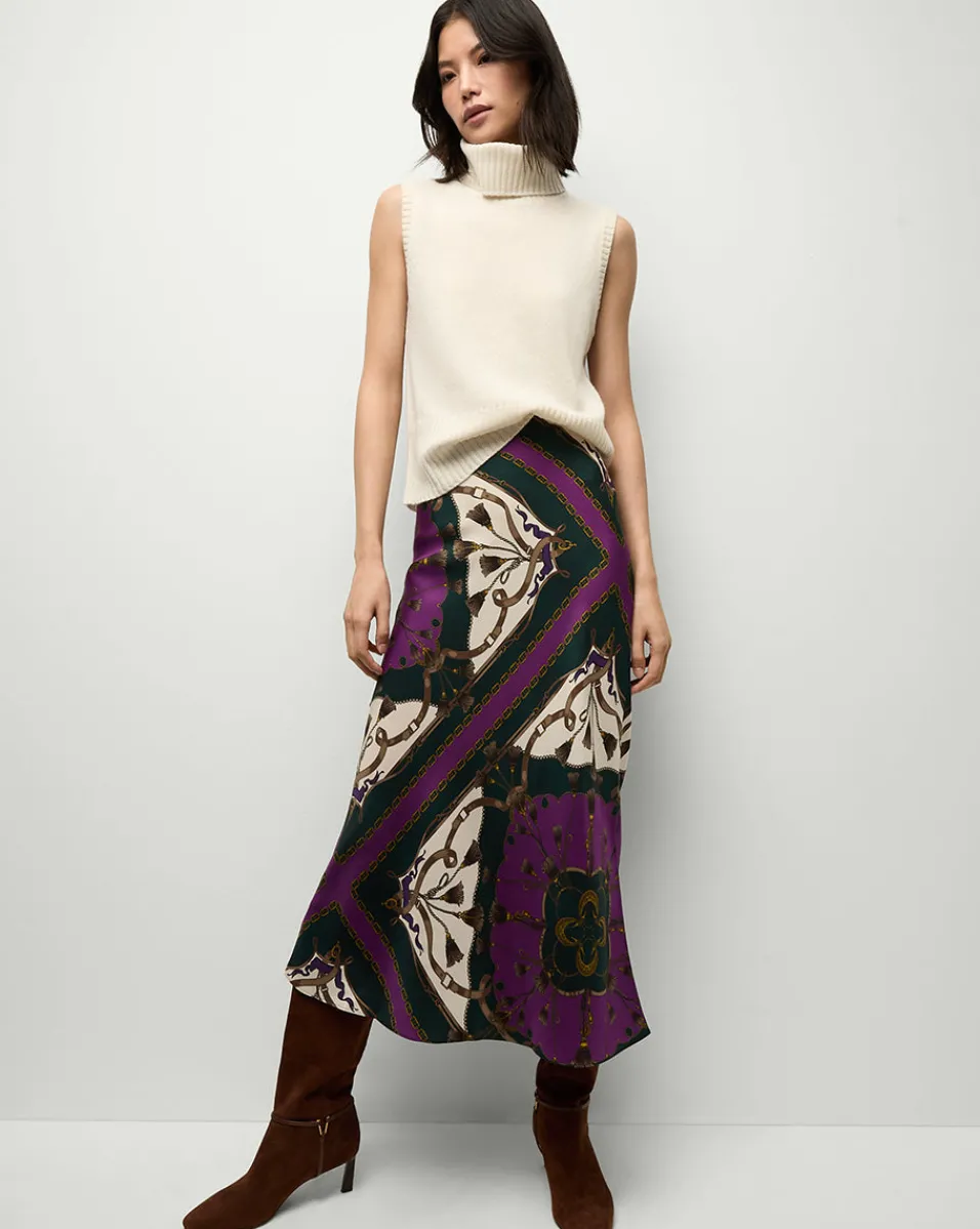 Clearance Veronica Beard Clover Stretch-Silk Skirt in Pine Multi PineMulti