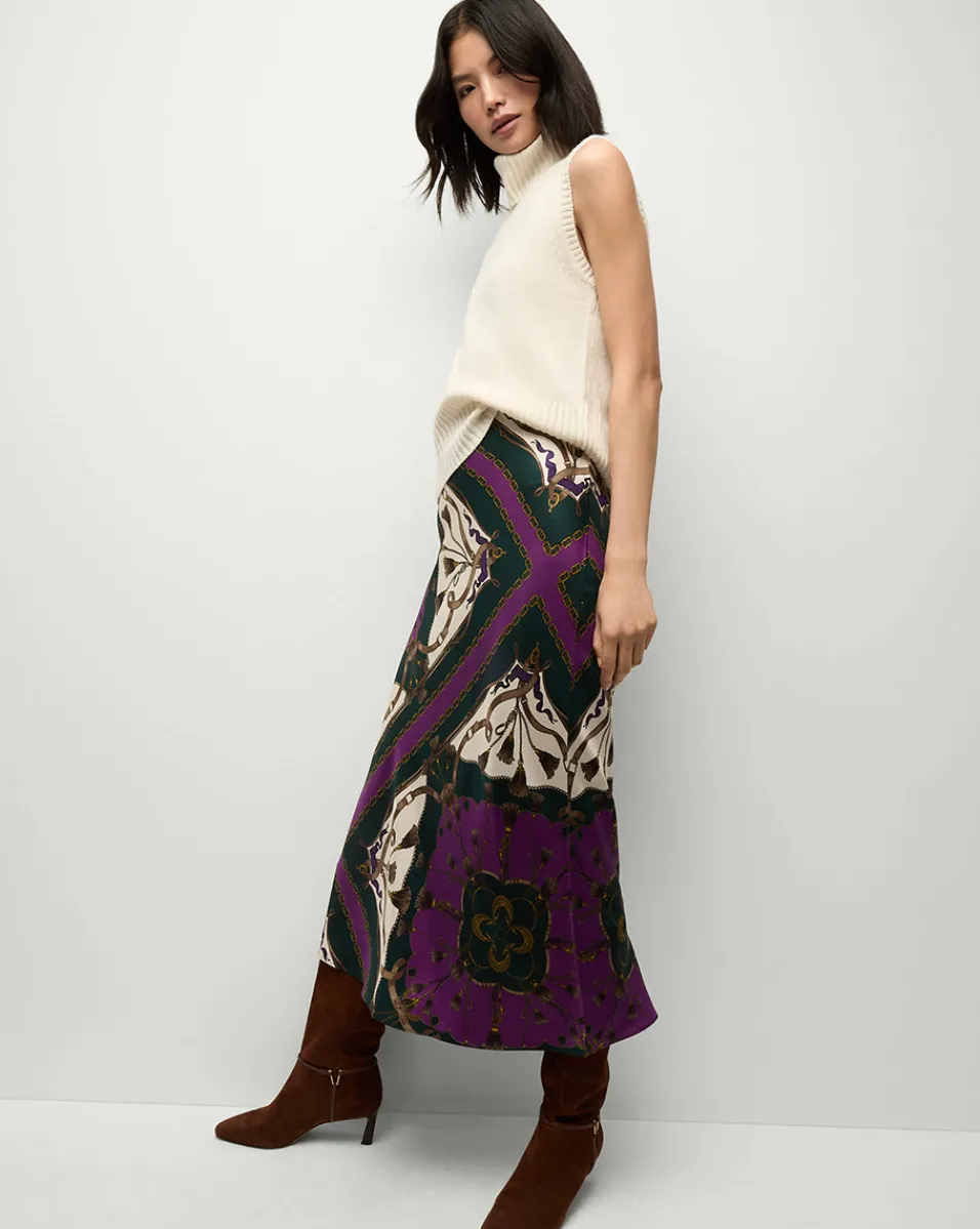 Clearance Veronica Beard Clover Stretch-Silk Skirt in Pine Multi PineMulti