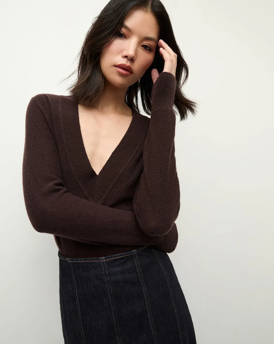 Store Veronica Beard Coleta V-Neck Cashmere Sweater in Dark Chocolate DarkChocolate