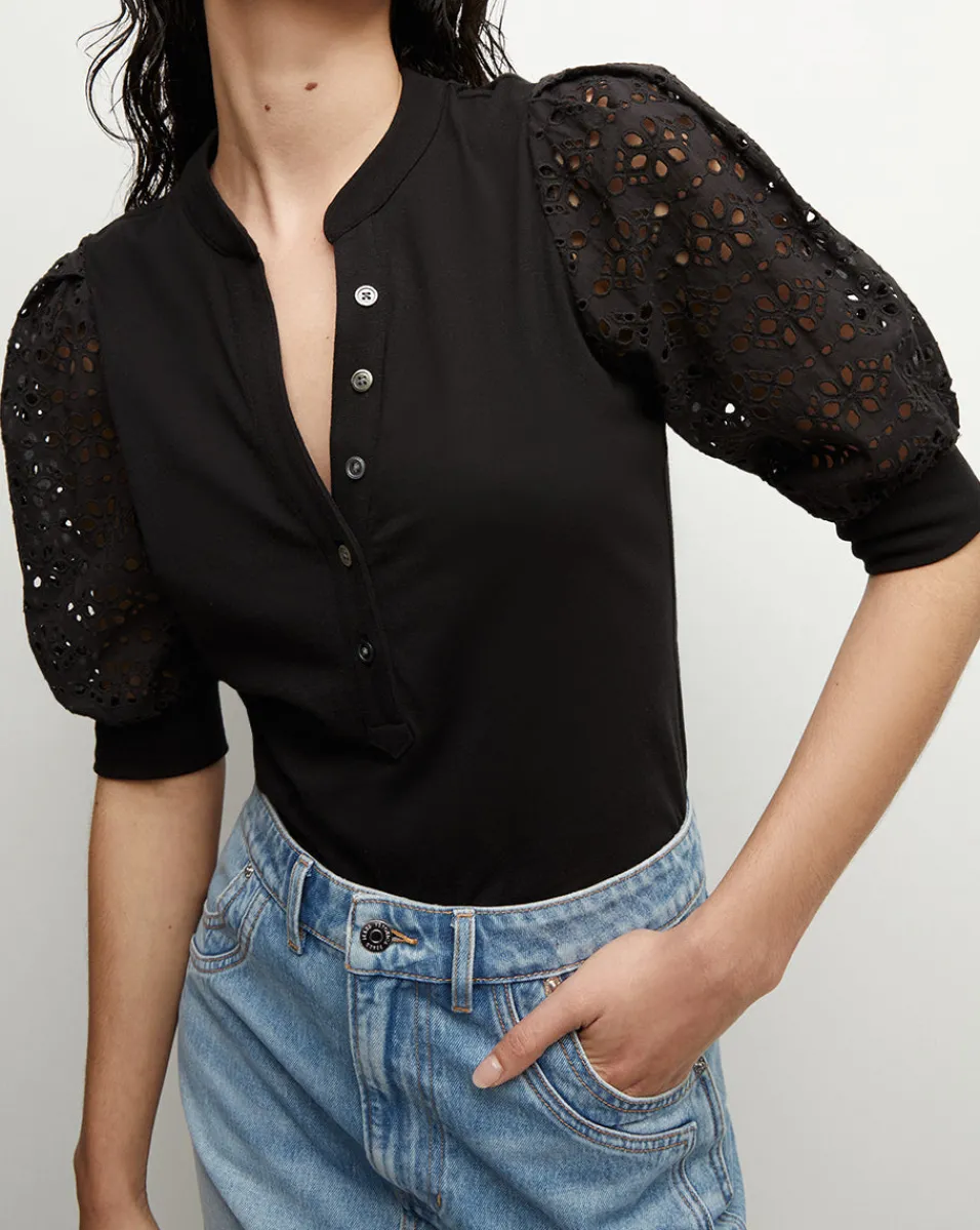 Discount Veronica Beard Coralee Eyelet Puff-Sleeve Tee in Black