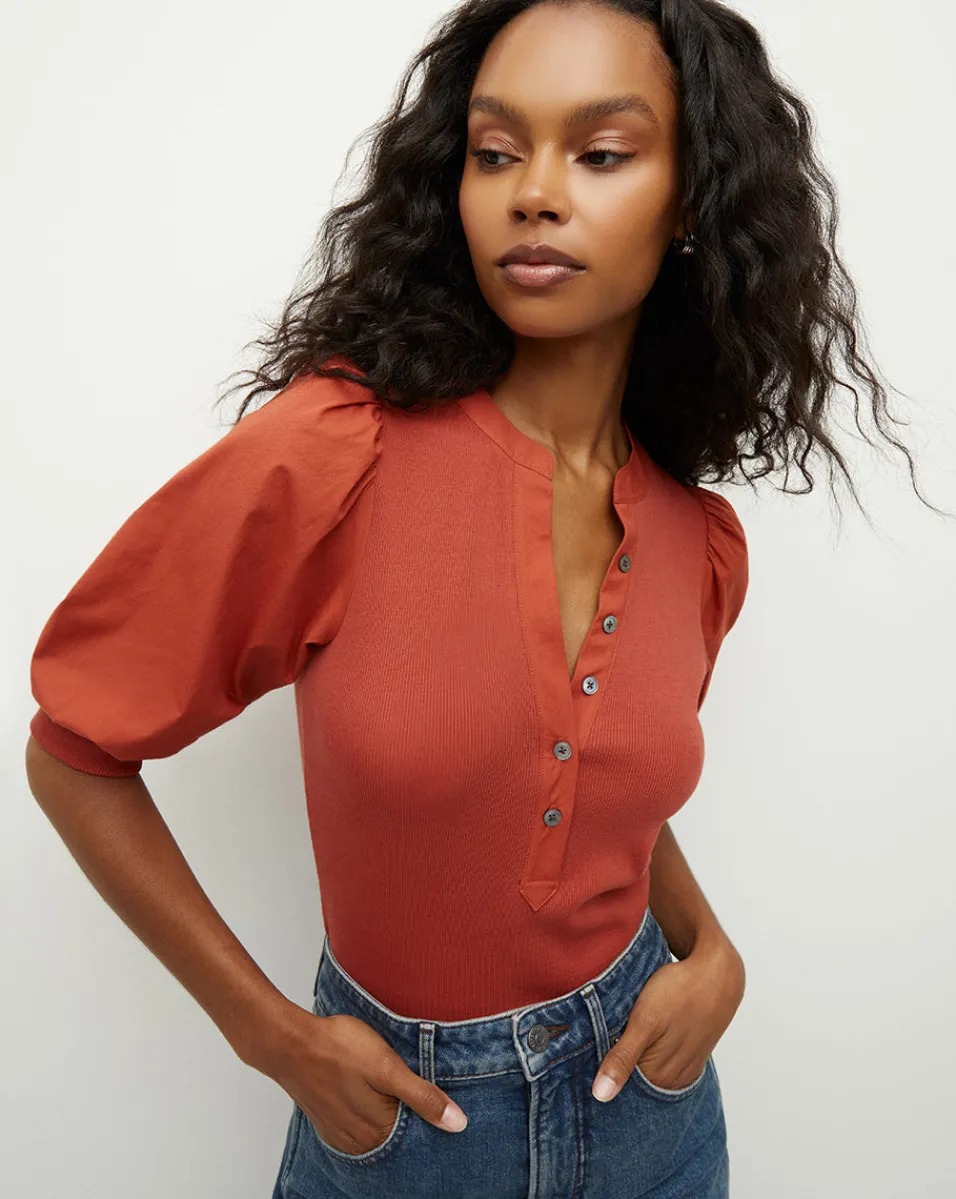 Online Veronica Beard Coralee Puff-Sleeve Top in Brick Red BrickRed