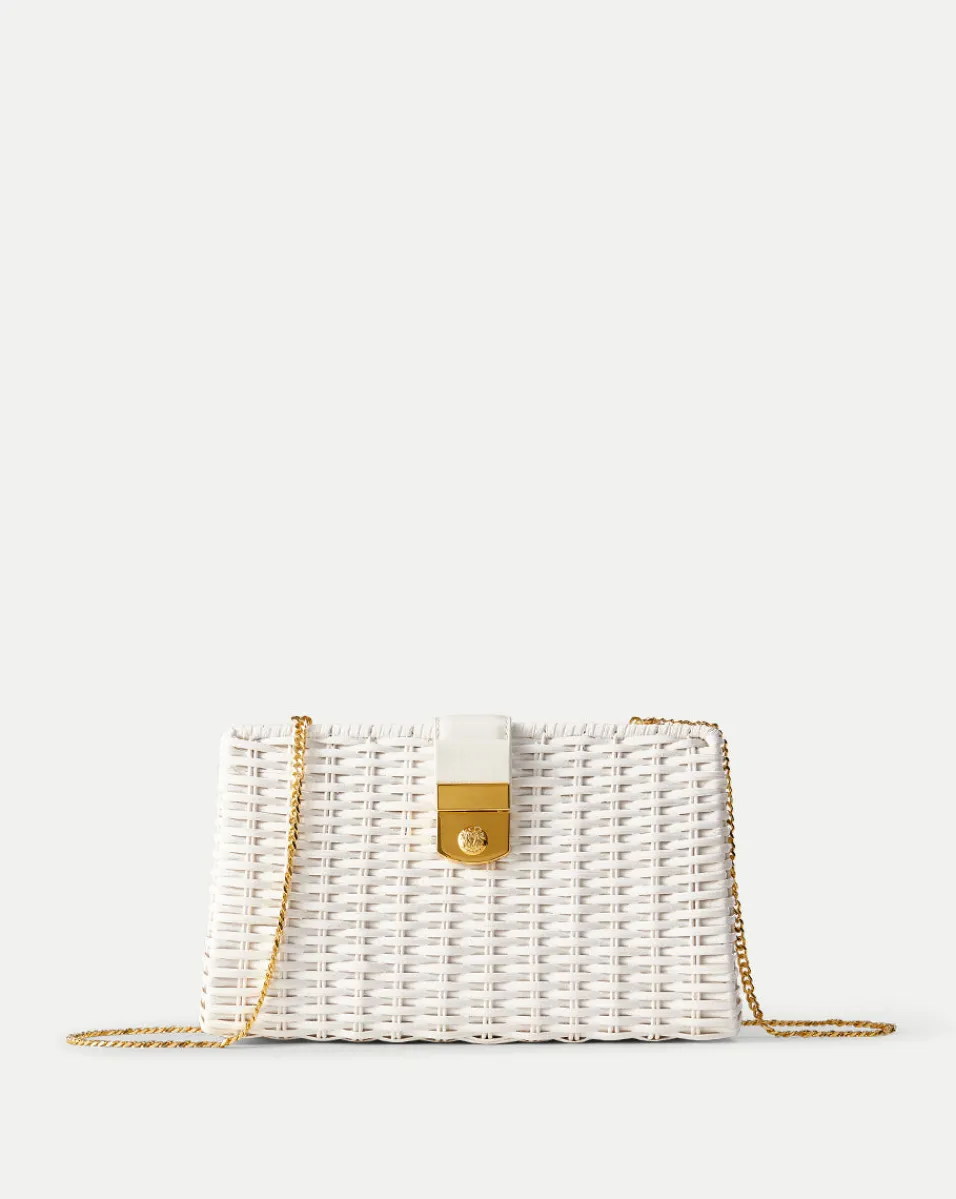 Store Veronica Beard Crest Lock Basket Clutch in Off-White