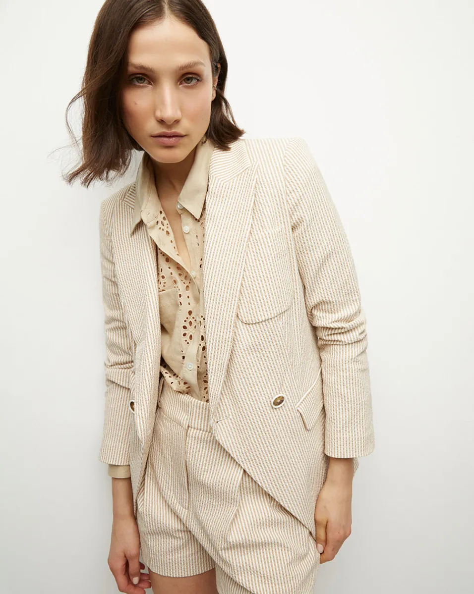 Best Sale Veronica Beard Didion Seersucker Jacket in Khaki/White