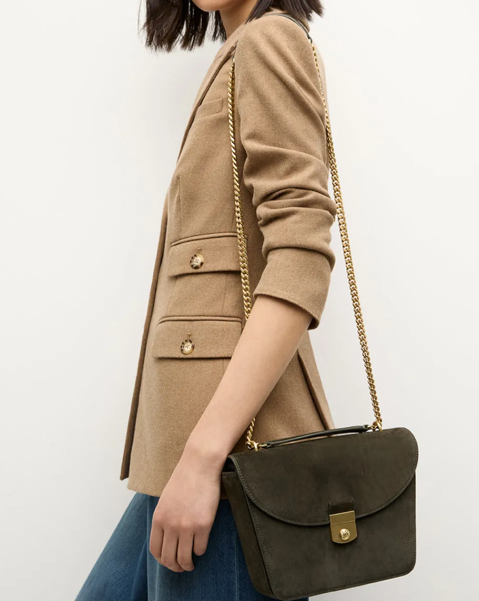 Outlet Veronica Beard Double Link Suede Flap Bag in Pine