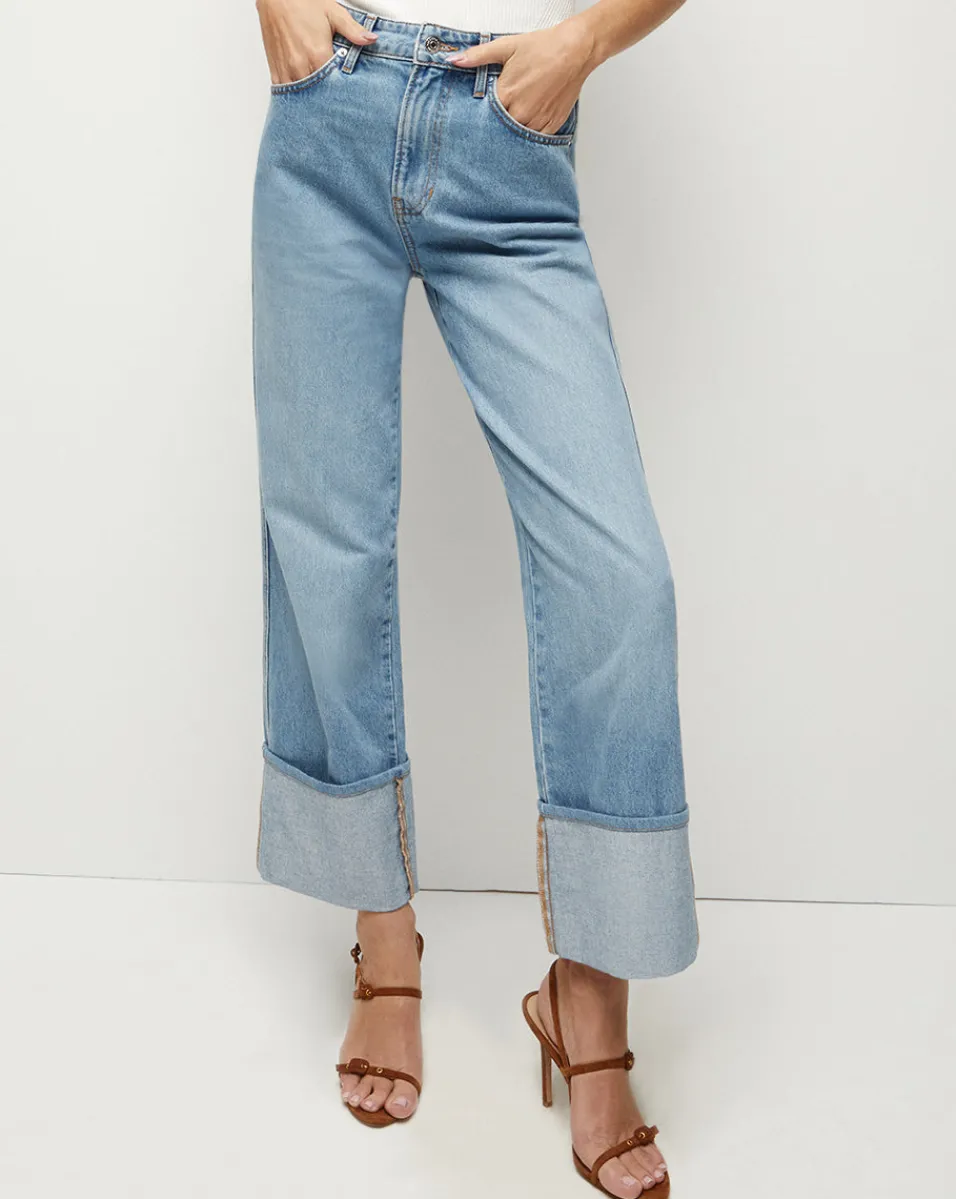 Shop Veronica Beard Dylan Cuffed Straight-Leg Jean in Silverwood Blue SilverwoodBlue