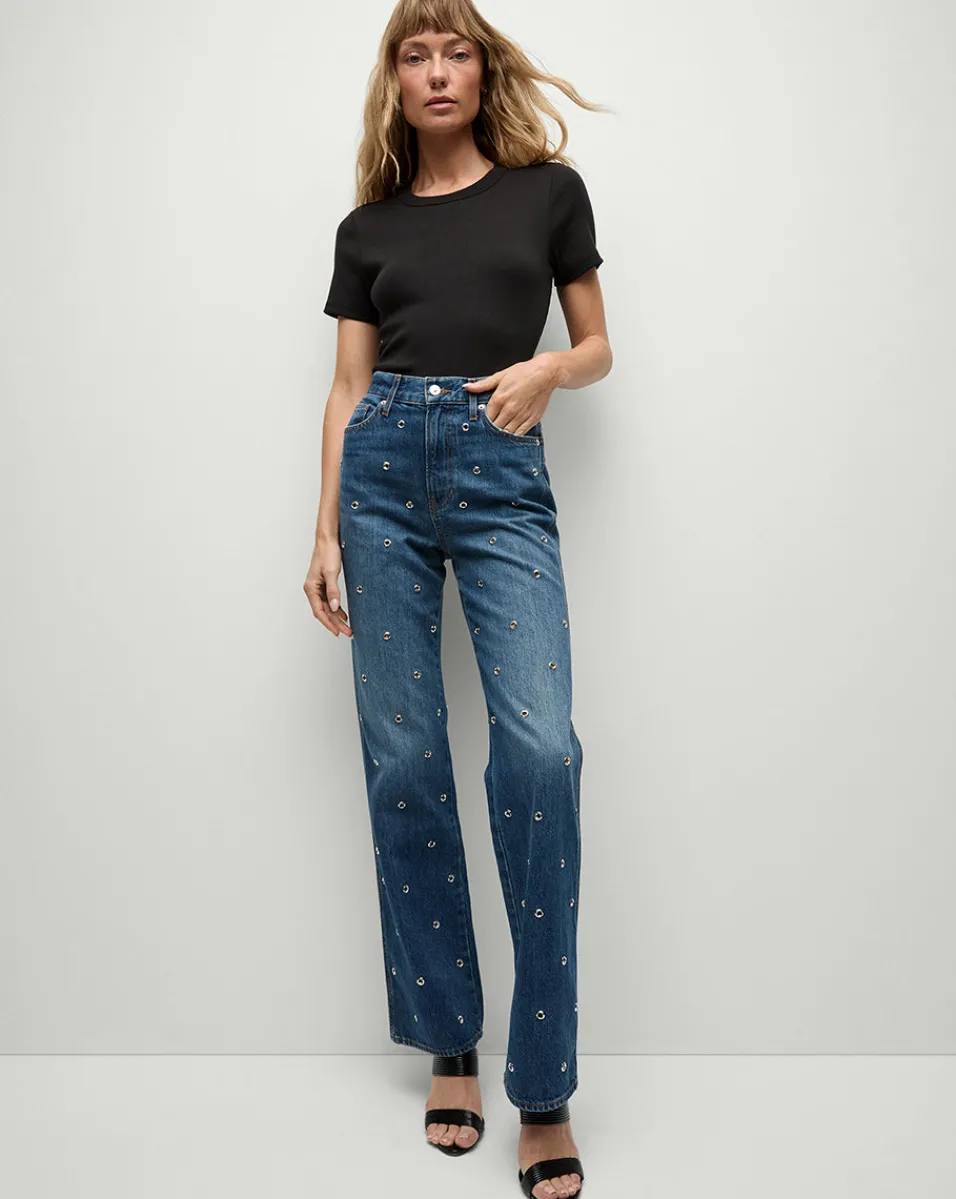 Shop Veronica Beard Dylan Grommet Straight-Leg Jeans in Blue Denim Bandit