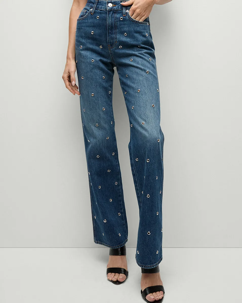 Shop Veronica Beard Dylan Grommet Straight-Leg Jeans in Blue Denim Bandit