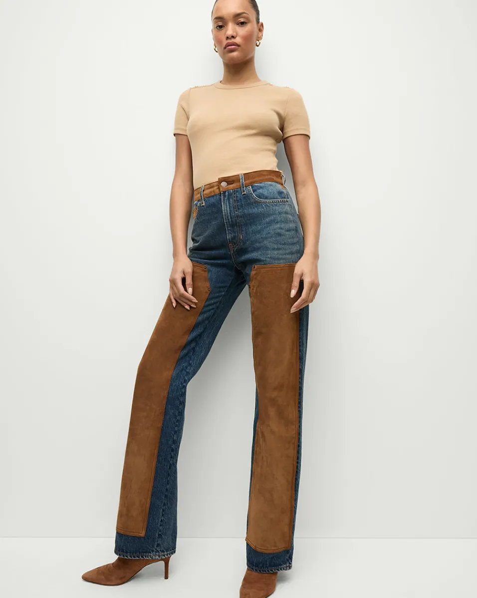 Flash Sale Veronica Beard Dylan Suede-Patchwork Straight-Leg Jean in Equinox Blue EquinoxBlue