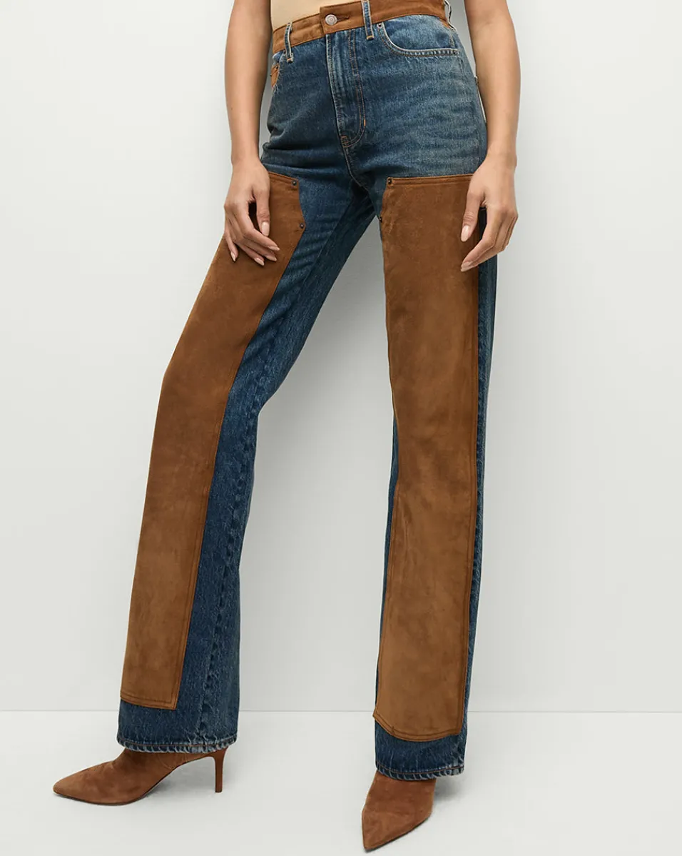 Flash Sale Veronica Beard Dylan Suede-Patchwork Straight-Leg Jean in Equinox Blue EquinoxBlue