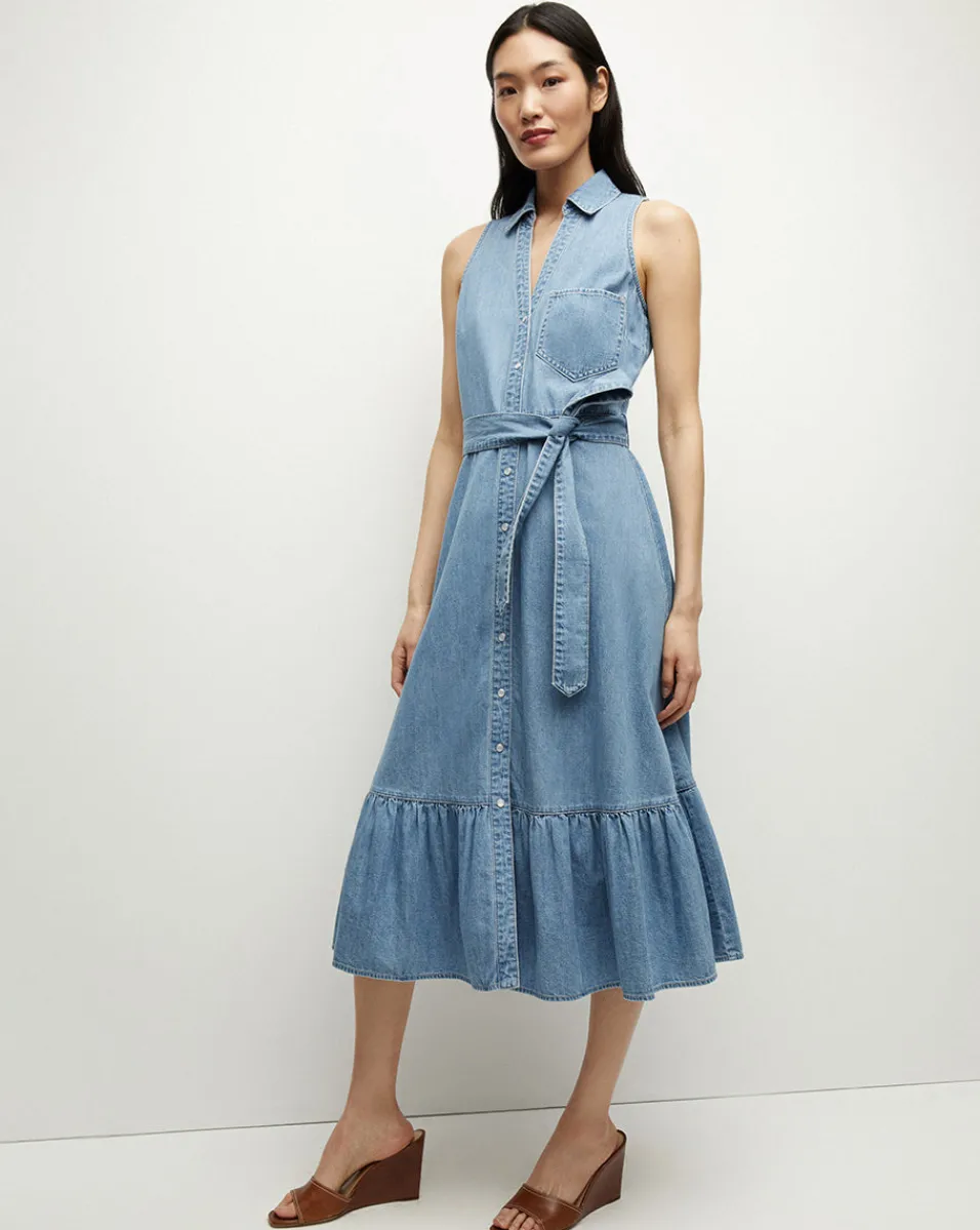 Shop Veronica Beard Edwina Denim Shirtdress in Iceberg