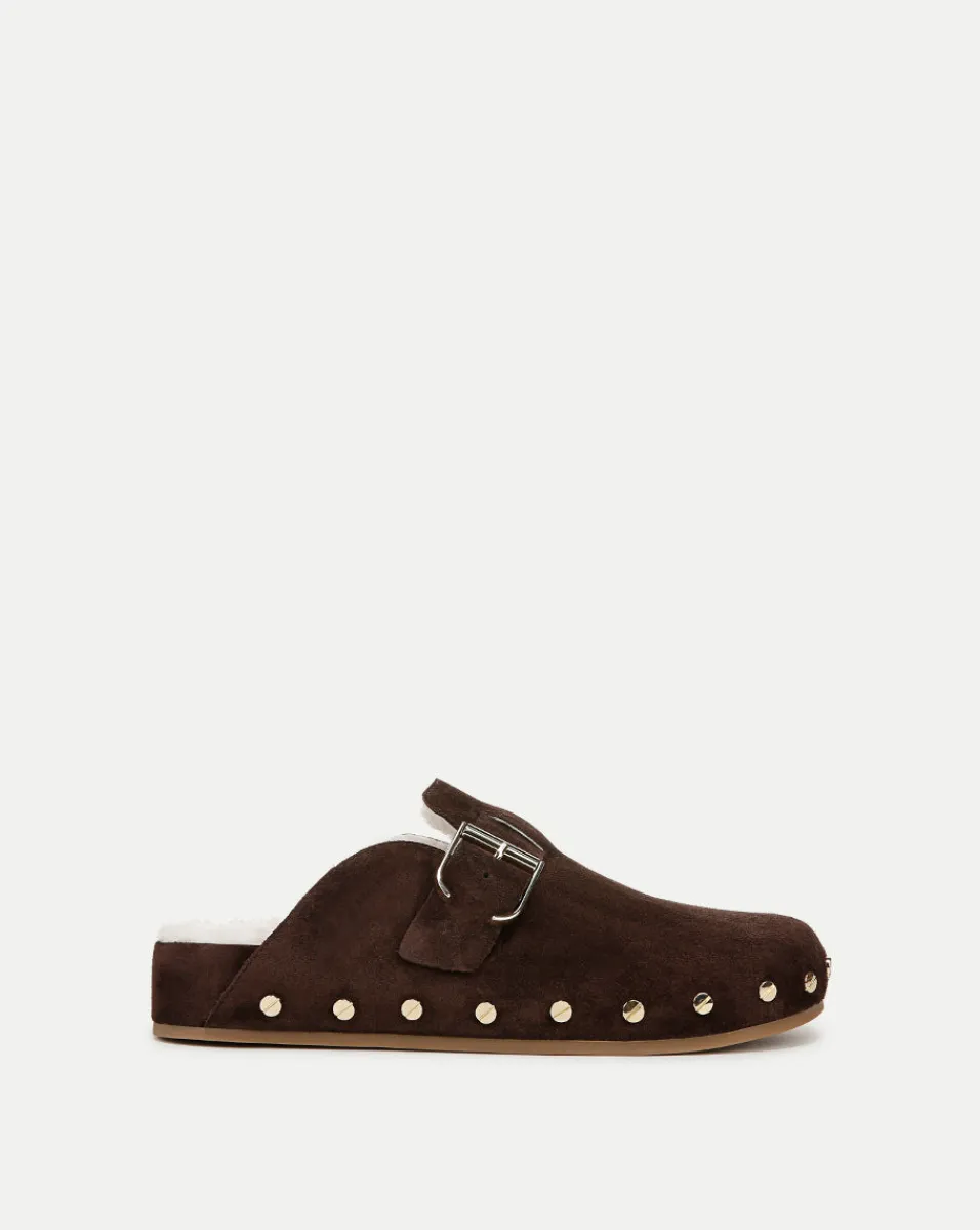 Cheap Veronica Beard Fern Shearling Clog in Brown Suede Espresso