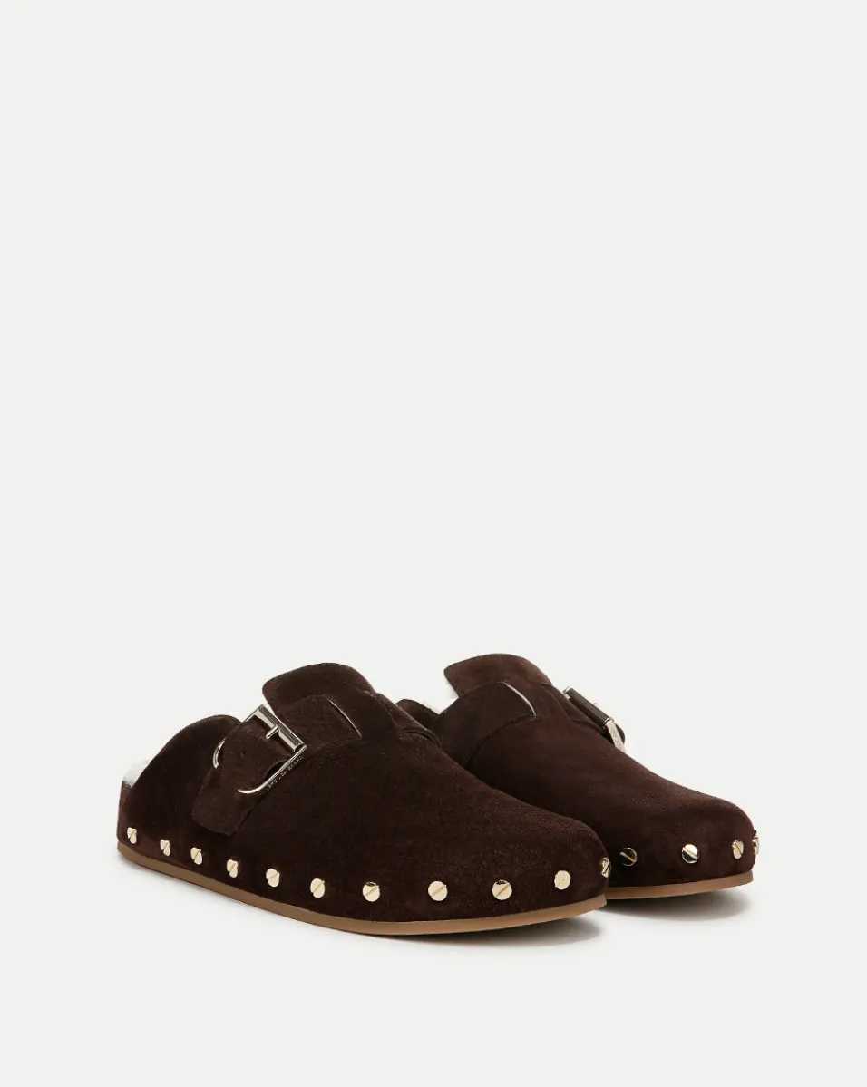 Cheap Veronica Beard Fern Shearling Clog in Brown Suede Espresso