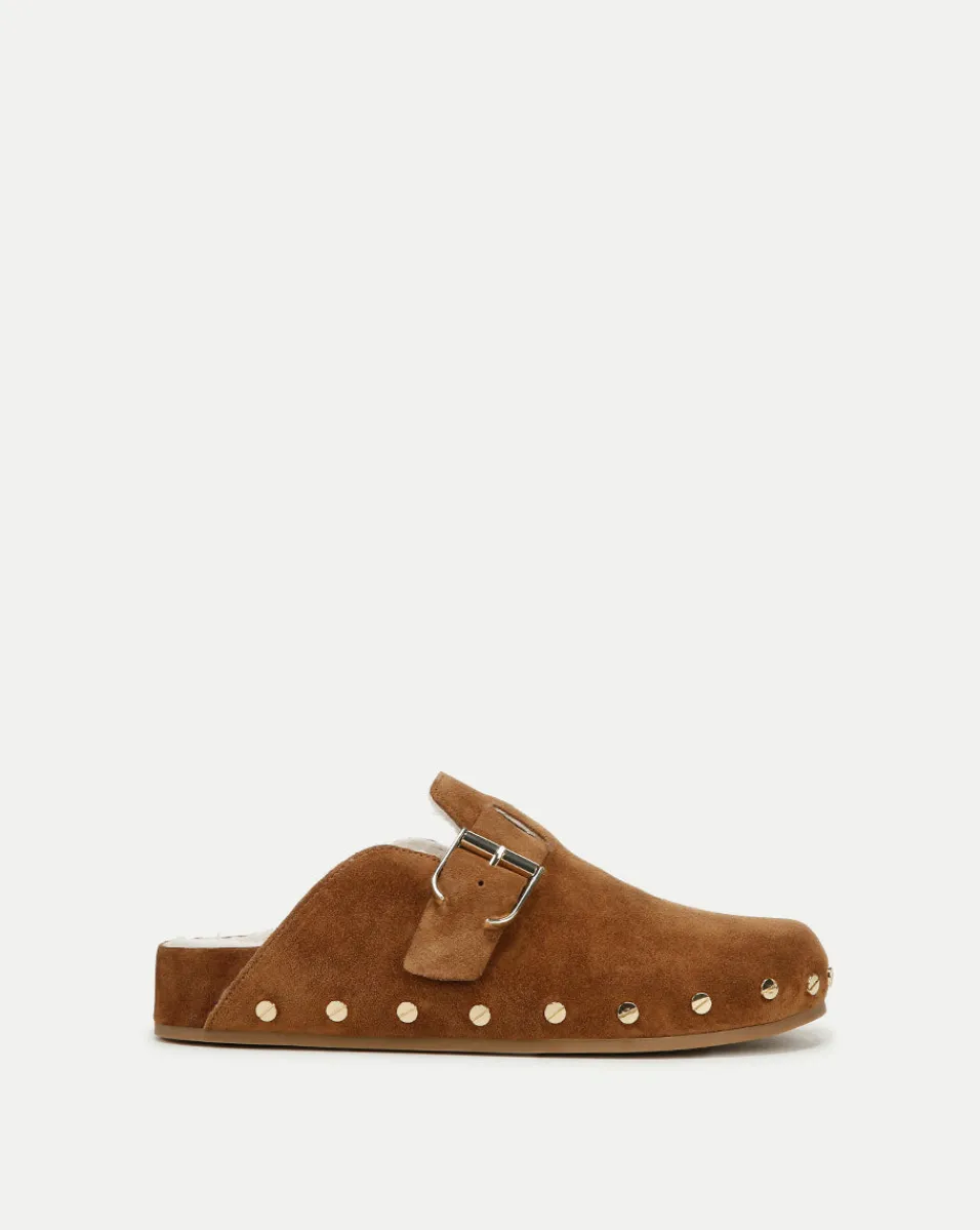 Best Veronica Beard Fern Shearling Clog in Tan Suede Caramel