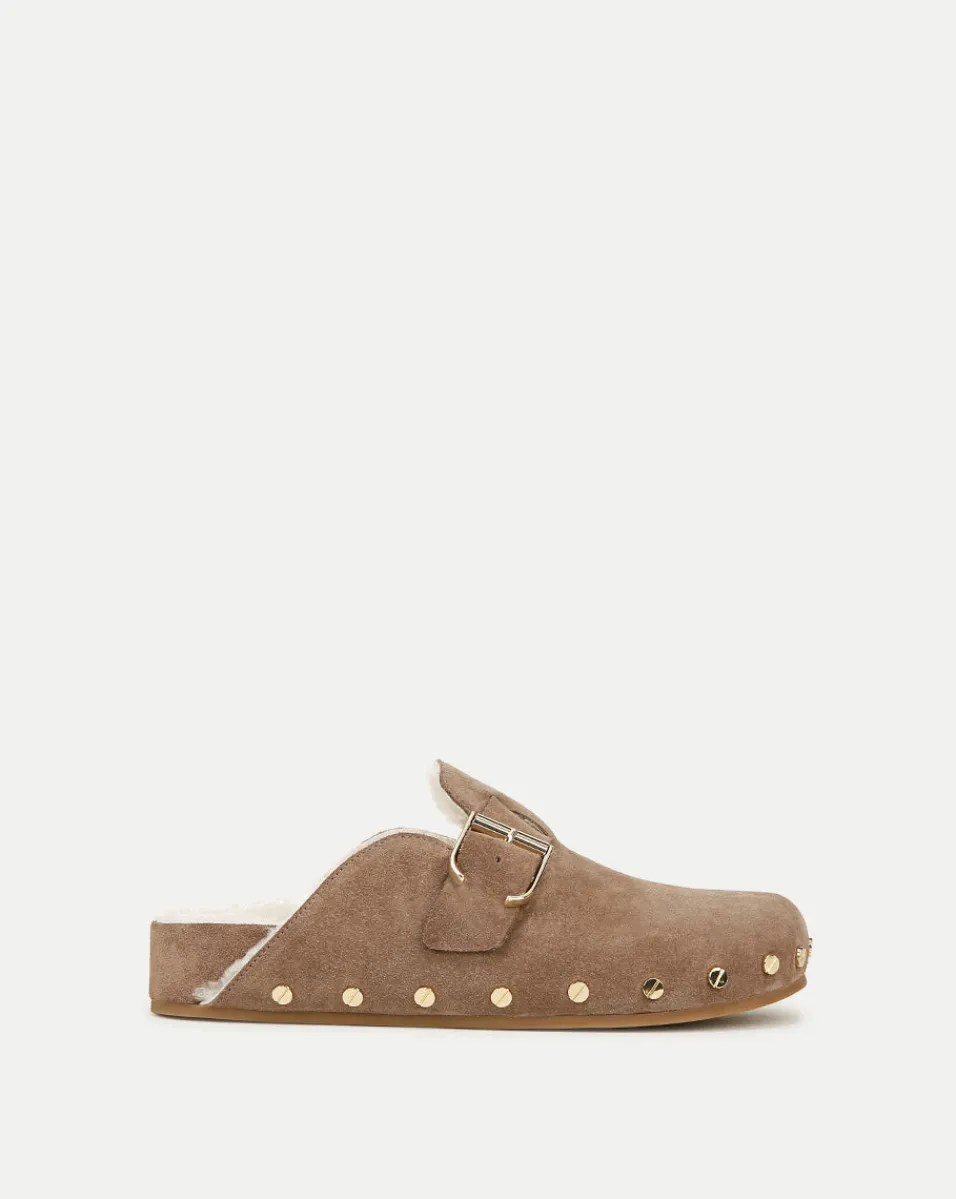 New Veronica Beard Fern Shearling Clog in Suede Taupe