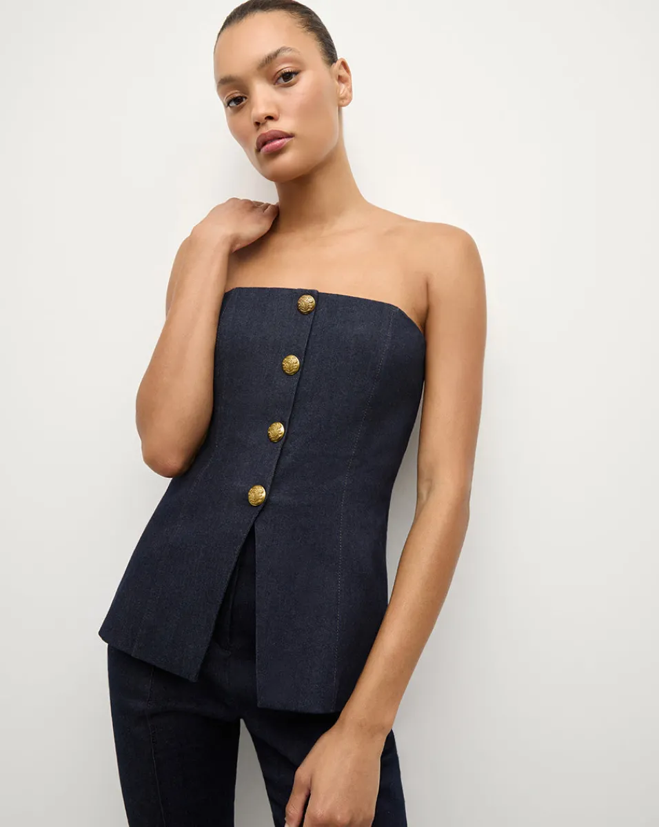 Best Veronica Beard Forman Denim Bustier Top in Dark Wash MidnightWash