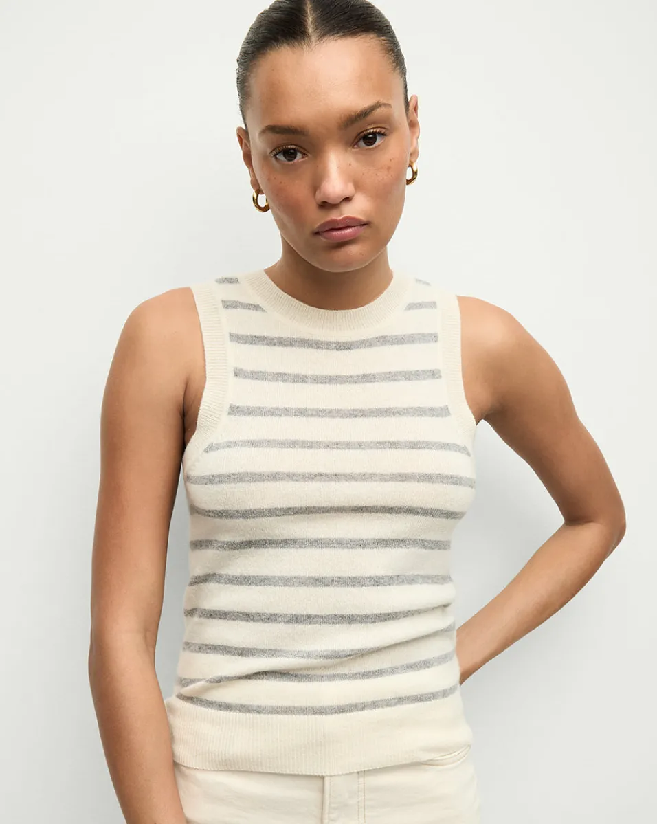 Online Veronica Beard Jerrel Striped Cashmere Tank in Ivory/Heather Grey Ivory/HeatherGrey