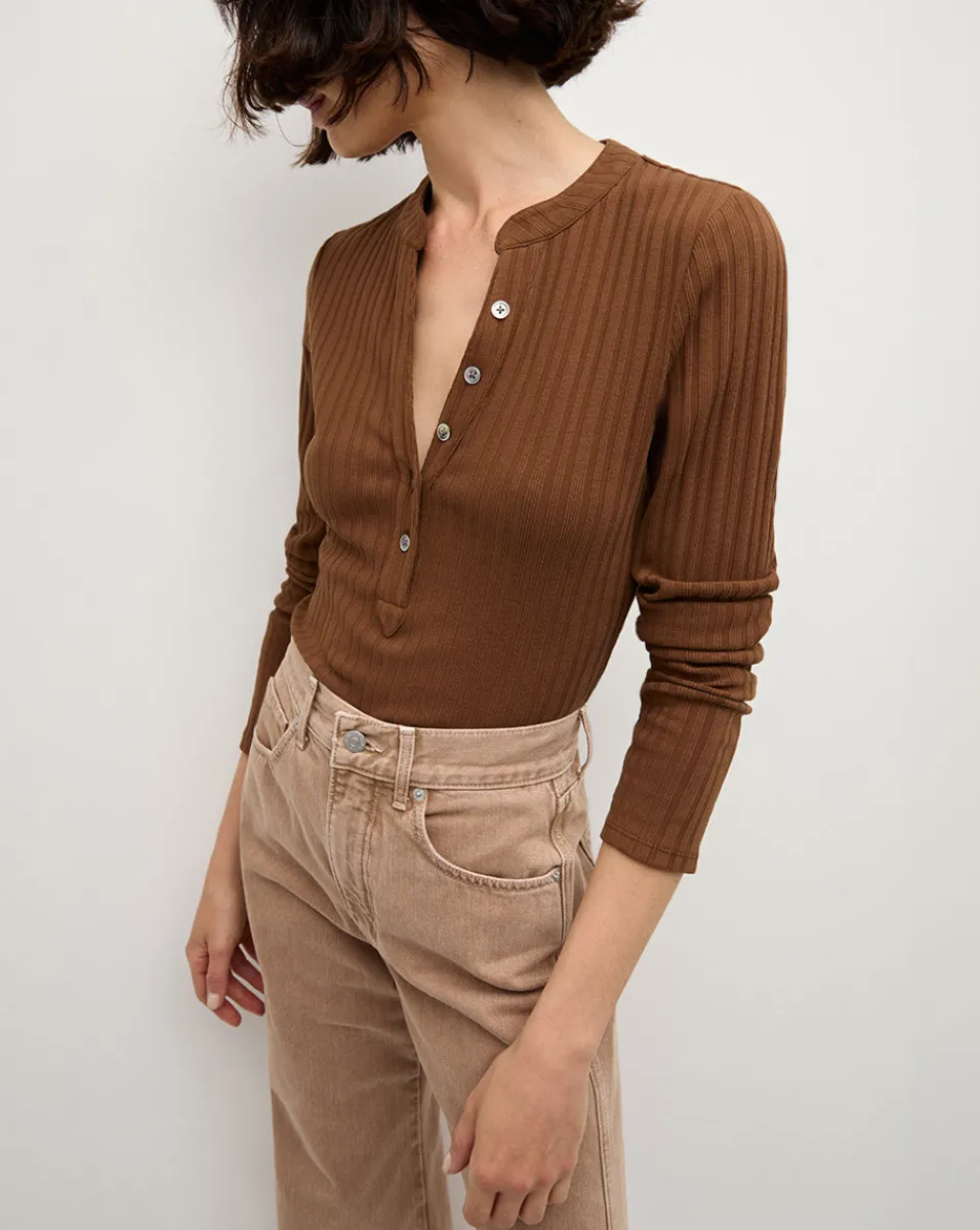 Best Veronica Beard Jocelyn Henley Shirt in Brown DarkCocoa