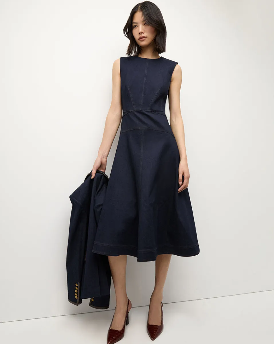 Shop Veronica Beard Karrigan Denim Midi Dress in Dark Wash MidnightWash