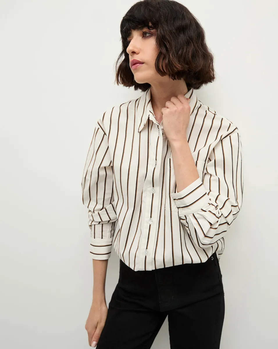 Cheap Veronica Beard Keiko Stretch-Cotton Shirt in Striped Ivory IvoryMulti