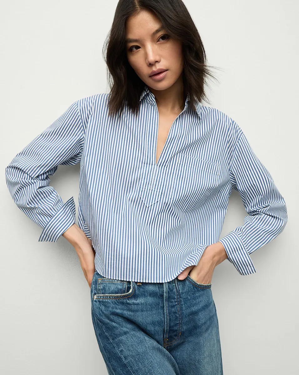 Shop Veronica Beard Khai Cropped Tunic Top in Blue/White Stripe Blue/WhiteStripe