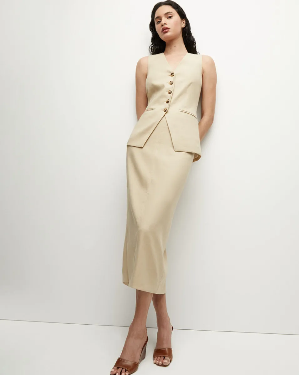 Clearance Veronica Beard Kimpton Stretch-Linen Skirt in Stone Khaki StoneKhaki