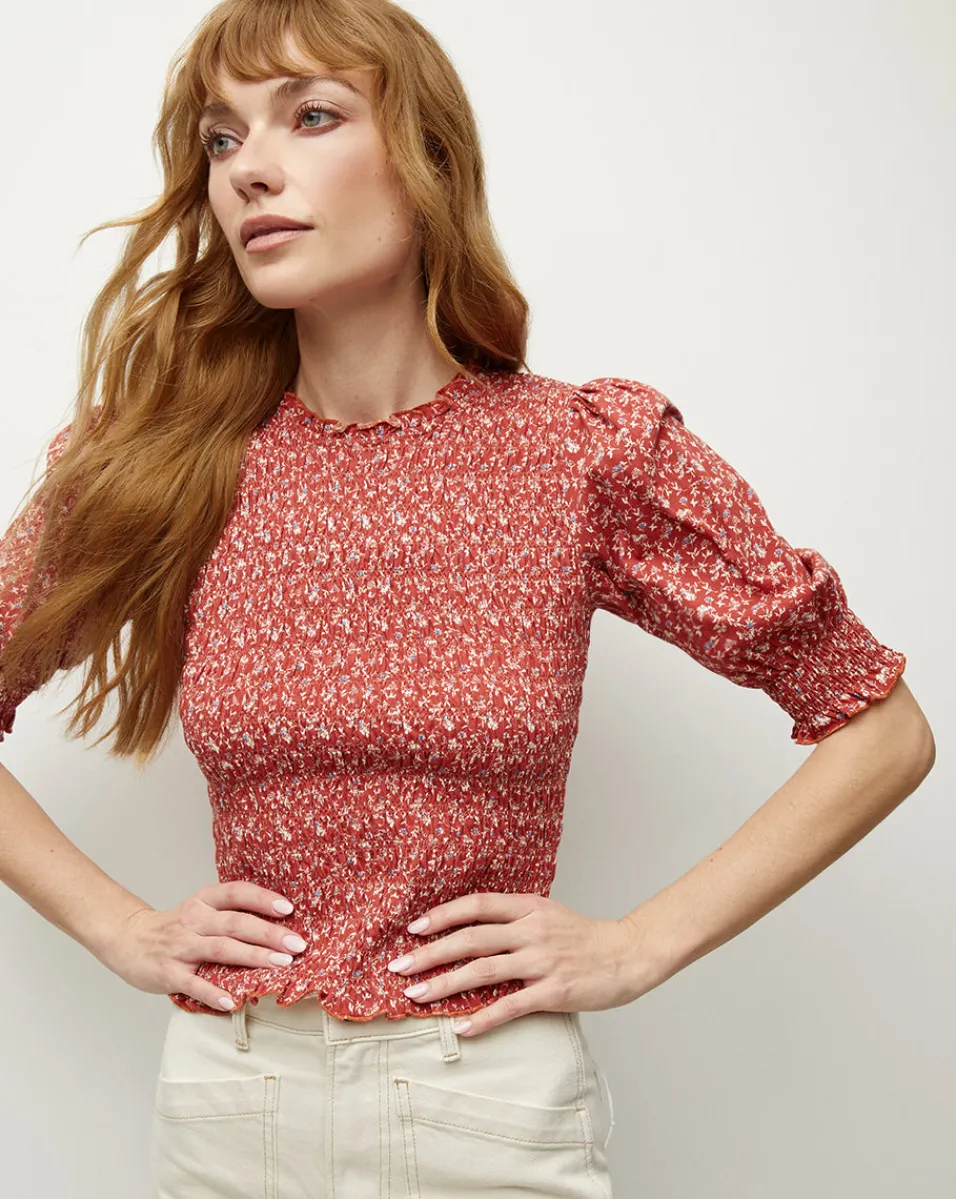 Flash Sale Veronica Beard Langston Smocked Top in Brick Red/White BrickRed/White