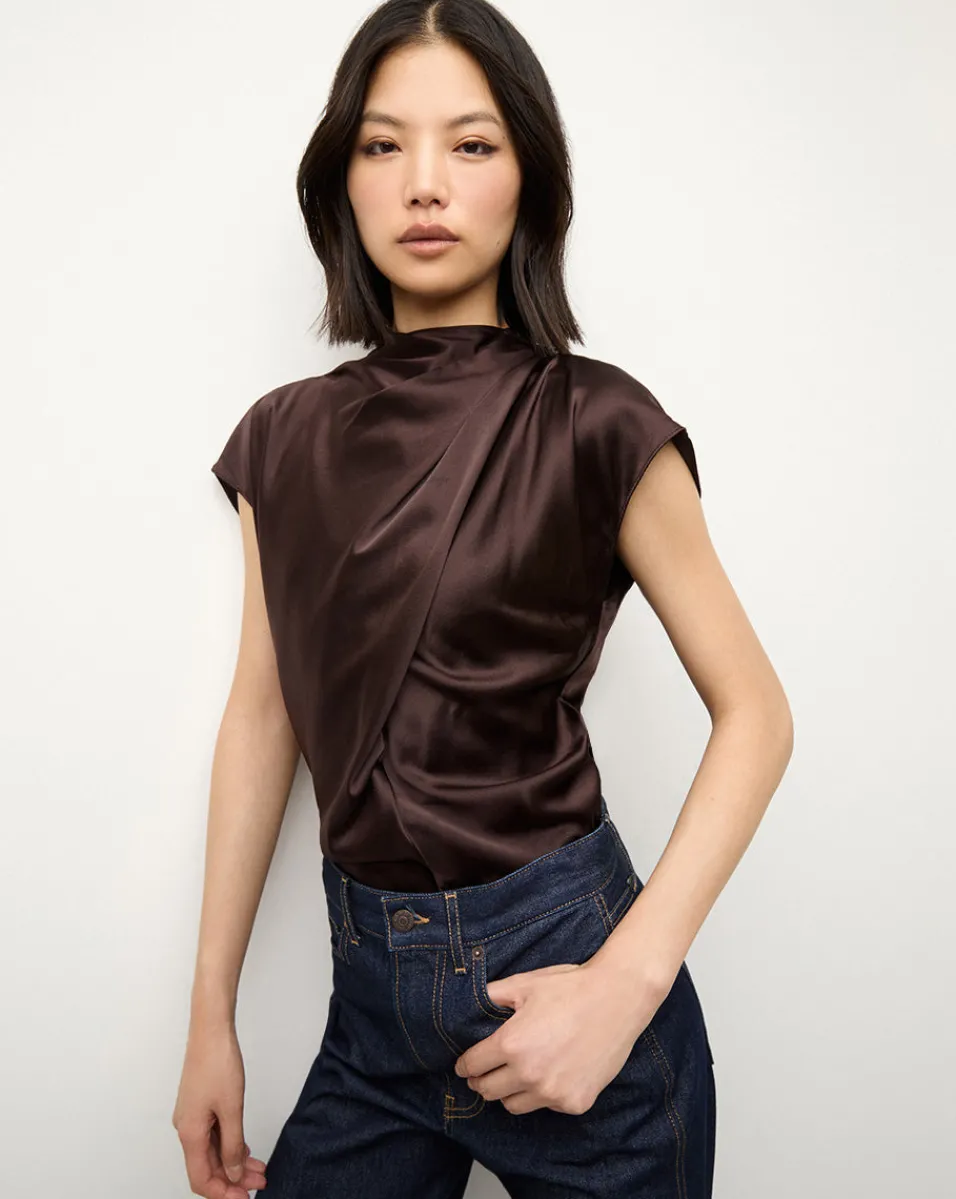 Cheap Veronica Beard Leilany Silk Top in Dark Chocolate DarkChocolate