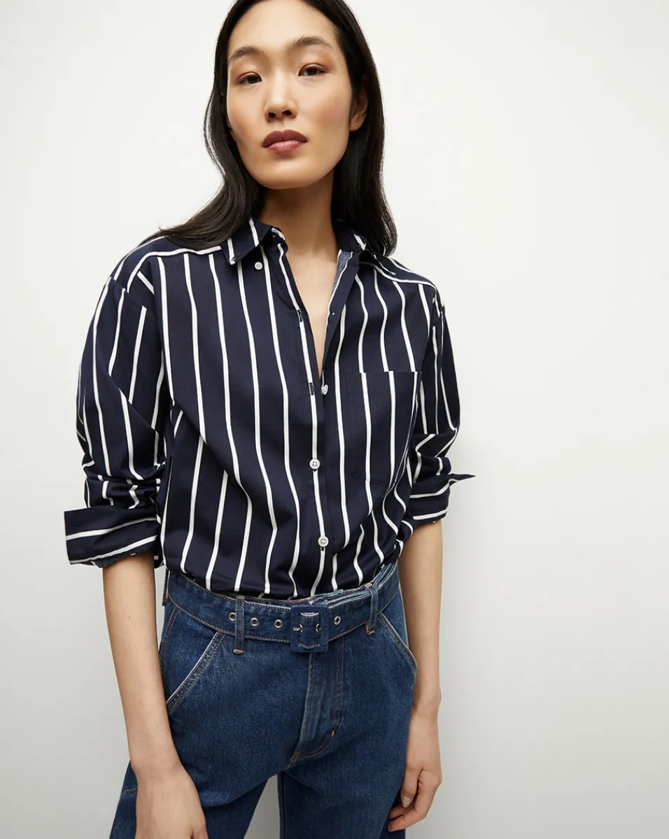 Outlet Veronica Beard Lloyd Striped Button-Down Shirt in Navy/White