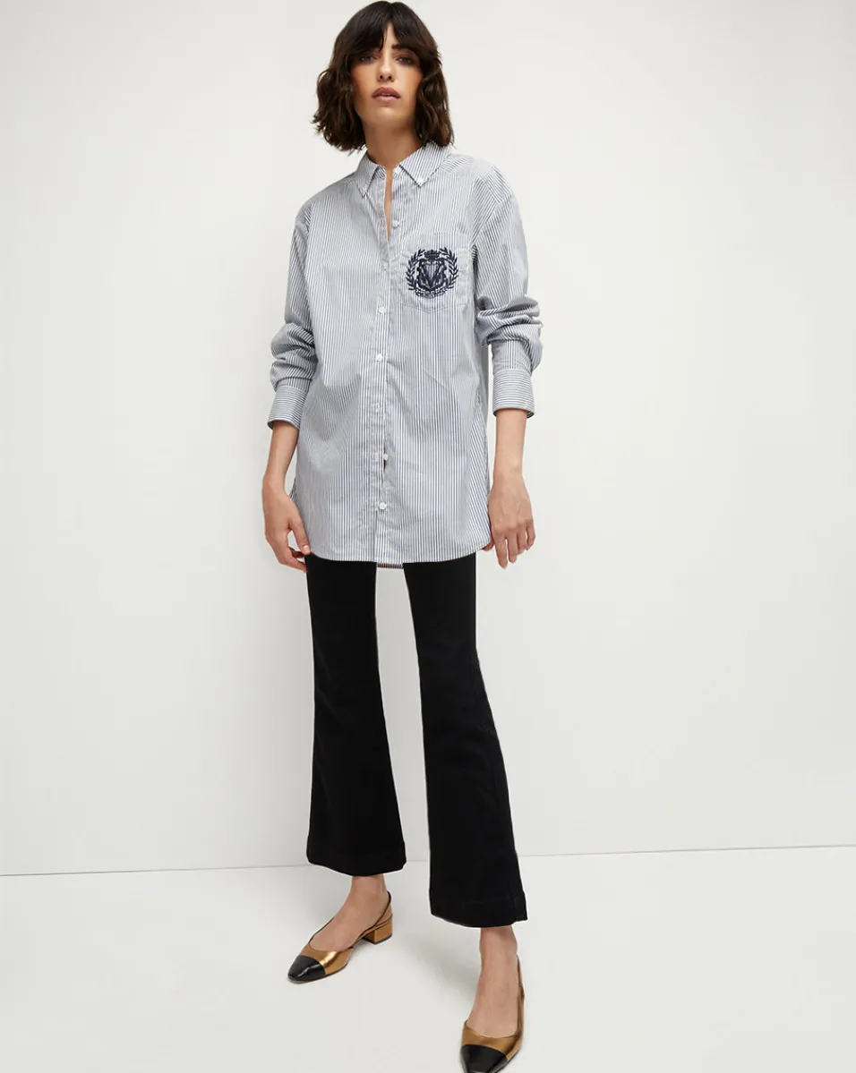 Best Sale Veronica Beard Lloyd Striped Button-Down Top | Logo Crest in Blue/Off-White