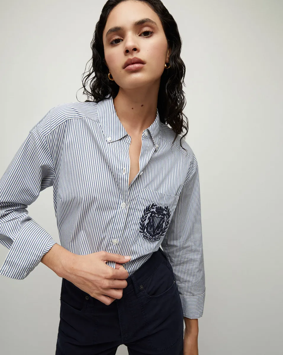 Best Sale Veronica Beard Lloyd Striped Button-Down Top | Logo Crest in Blue/Off-White