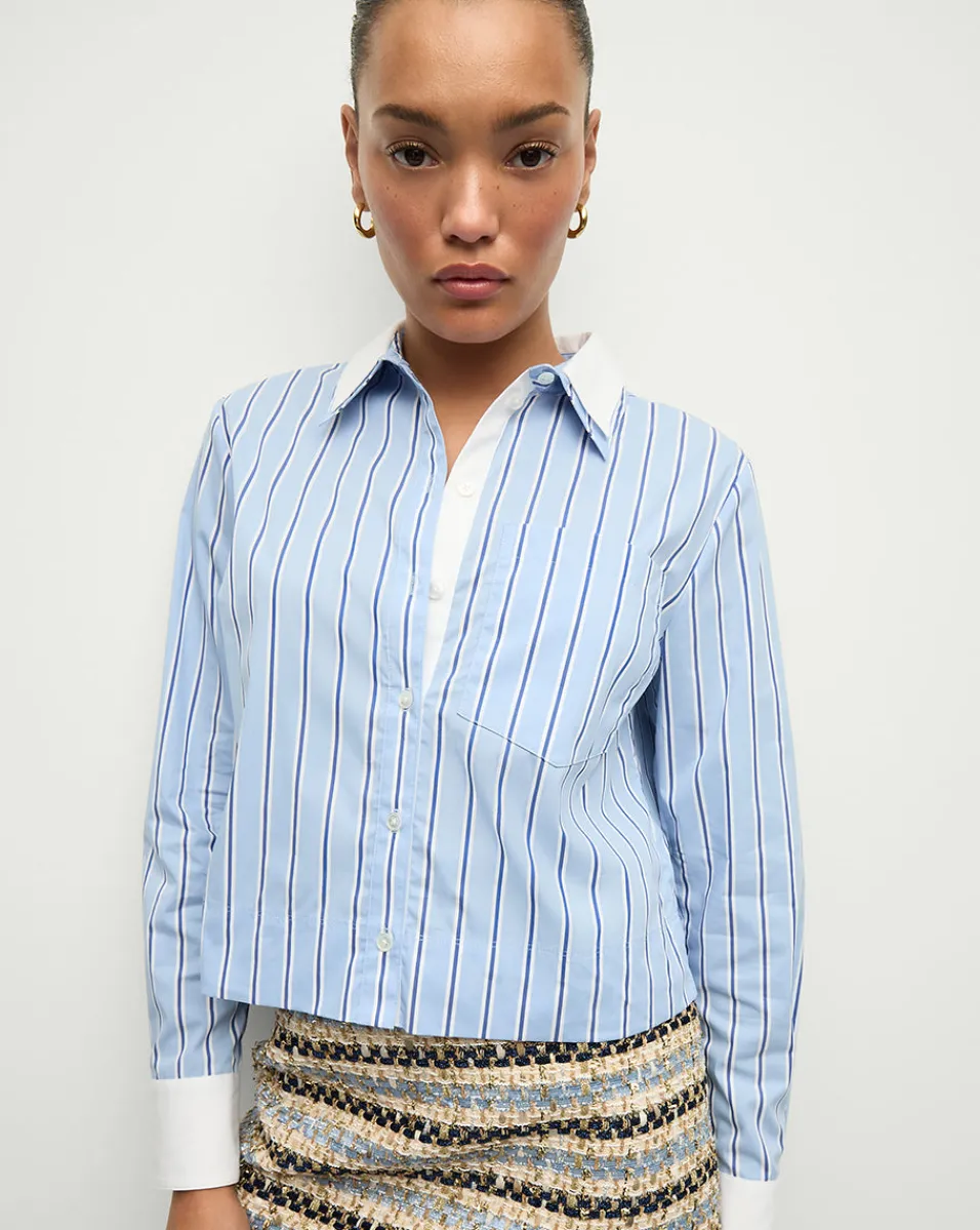 Discount Veronica Beard Maia Double-Collar Shirt in Blue Sky/White BlueSky/White