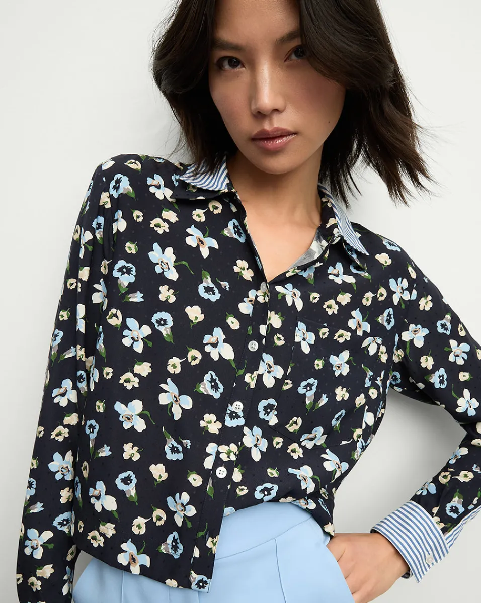 Store Veronica Beard Maia Floral Silk Double-Collar Shirt in Navy Multi NavyMulti