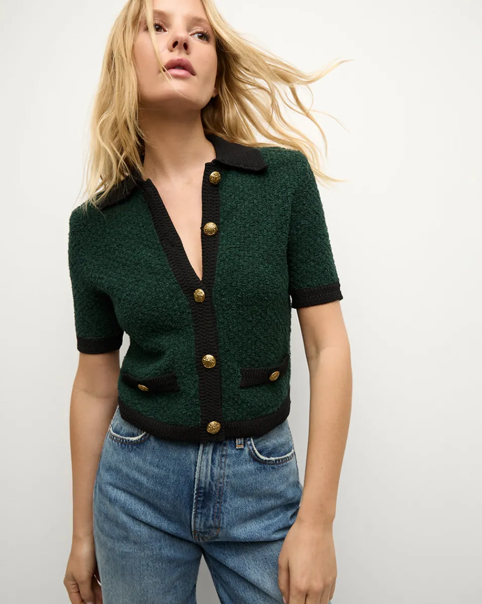 Cheap Veronica Beard Marie Tweed Cardigan in Dark Green & Black Pine/Black