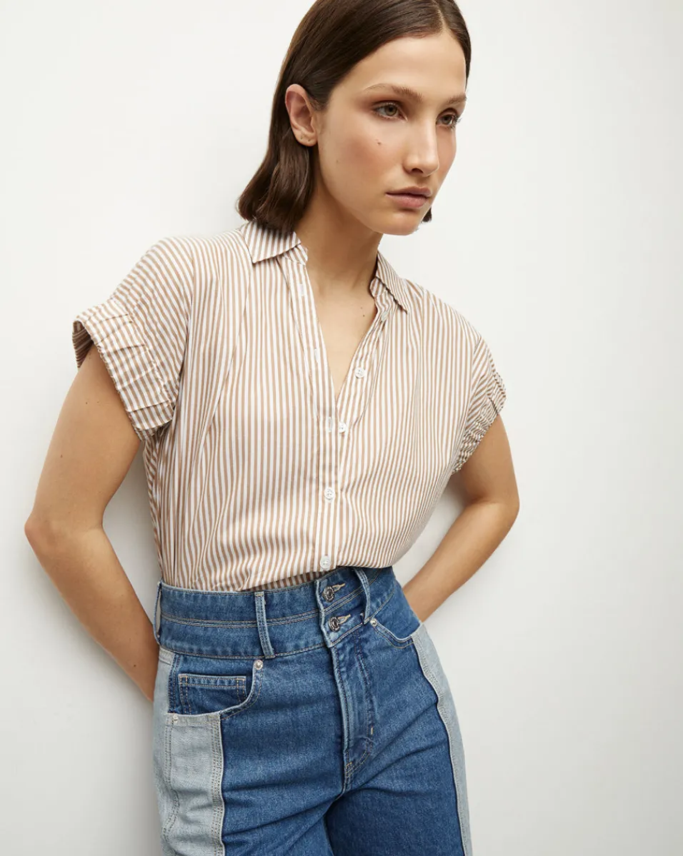 Outlet Veronica Beard Matera Cotton Button-Down Shirt in Acorn/White