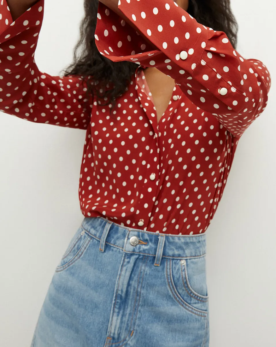 Outlet Veronica Beard Monique Polka-Dot Top in Brick Red/Ecru BrickRed/Ecru