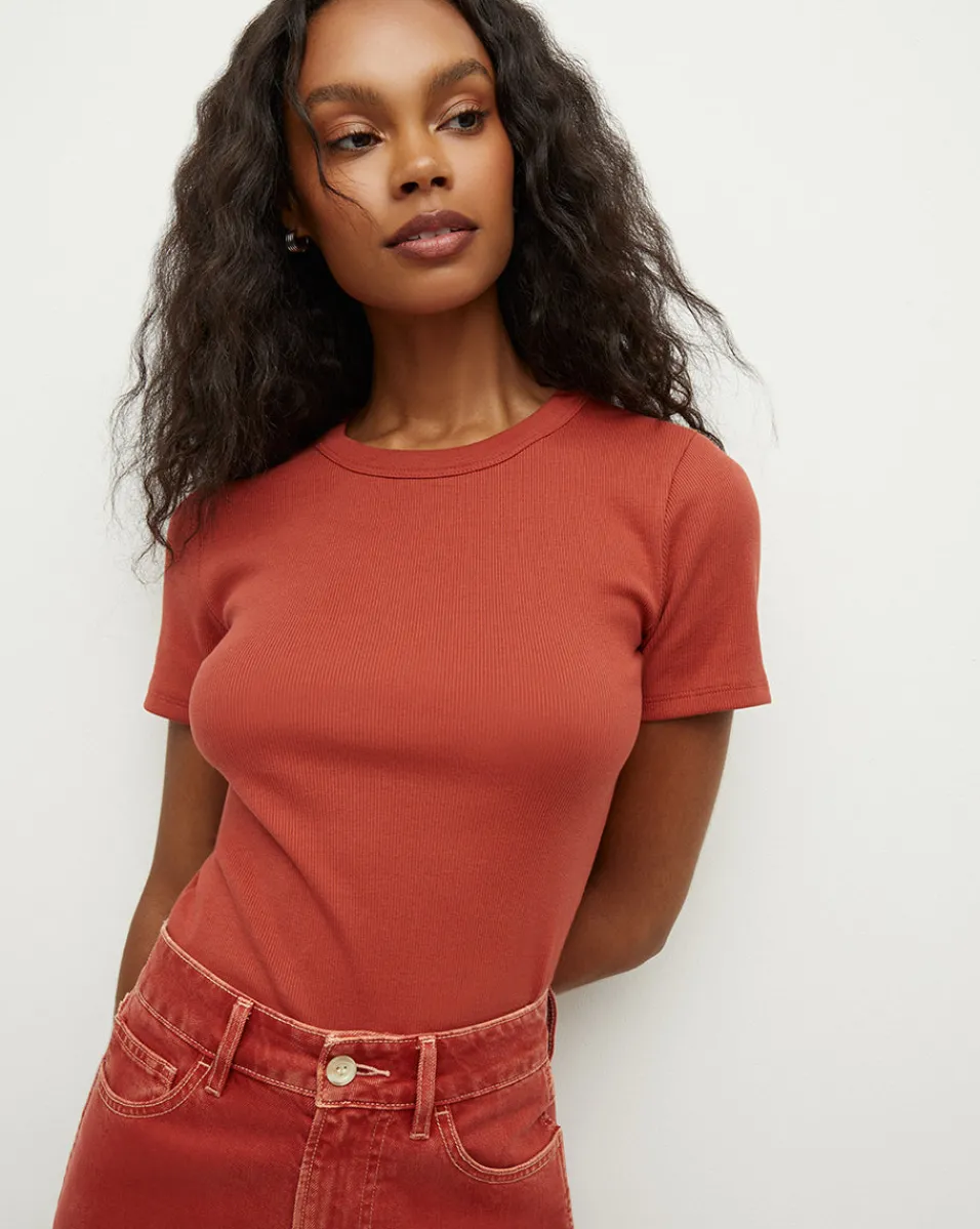 Best Sale Veronica Beard Pruitt Ribbed Tee in Brick Red BrickRed