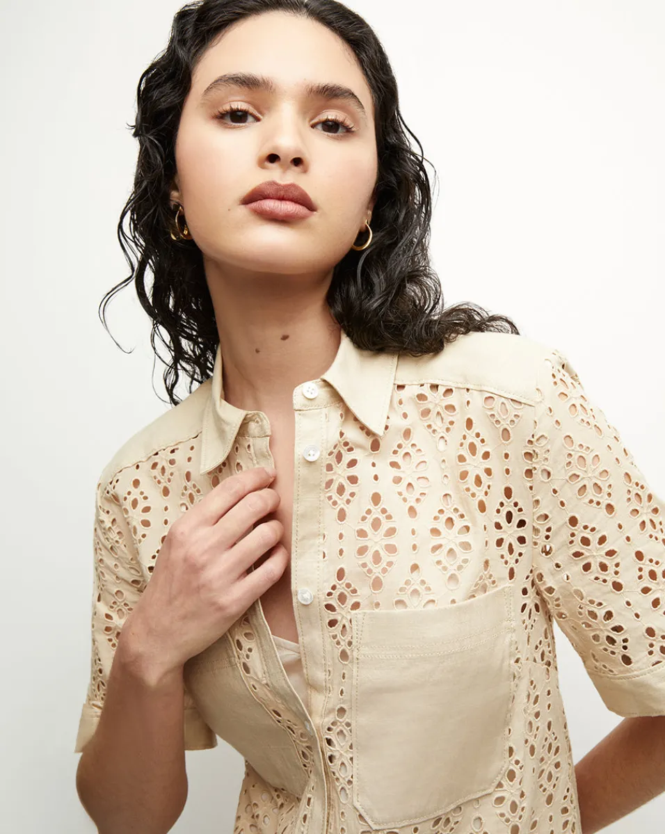 Shop Veronica Beard Rafaela Cotton Eyelet Shirtdress in Stone Khaki StoneKhaki