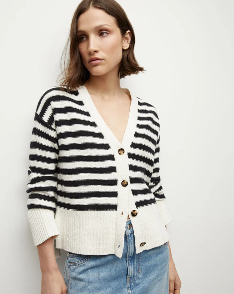 Sale Veronica Beard Saylor Cotton Cardigan in Off-White/Black