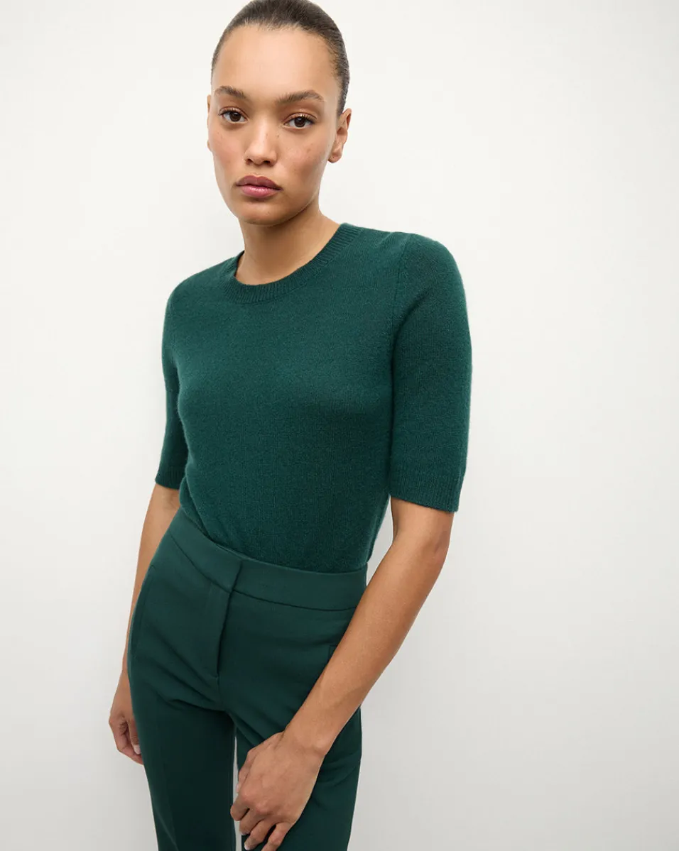 Clearance Veronica Beard Shana Short Sleeve Cashmere Sweater in Dark Green Pine