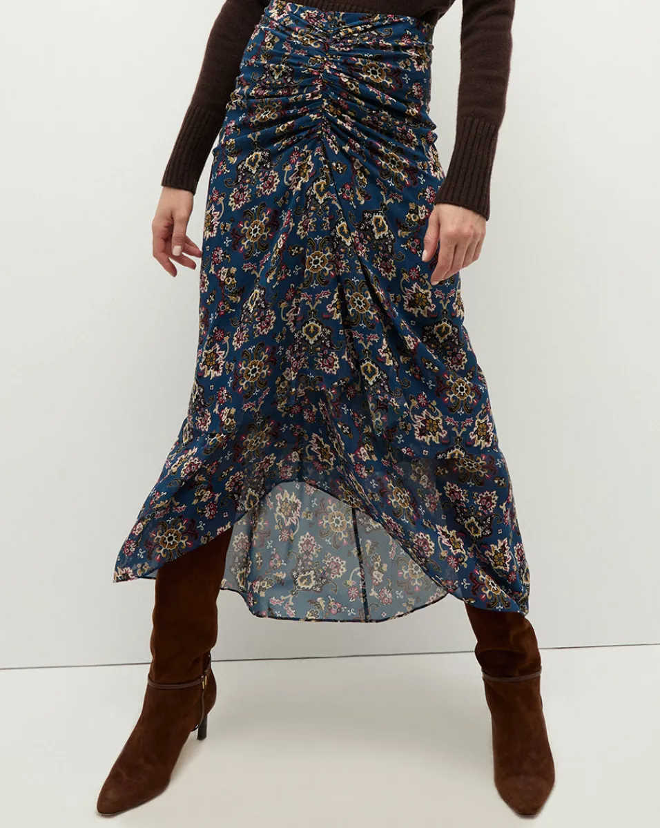 Online Veronica Beard Sira Long Ruched Silk Skirt in Blue-Stone-Multi BlueStoneMulti