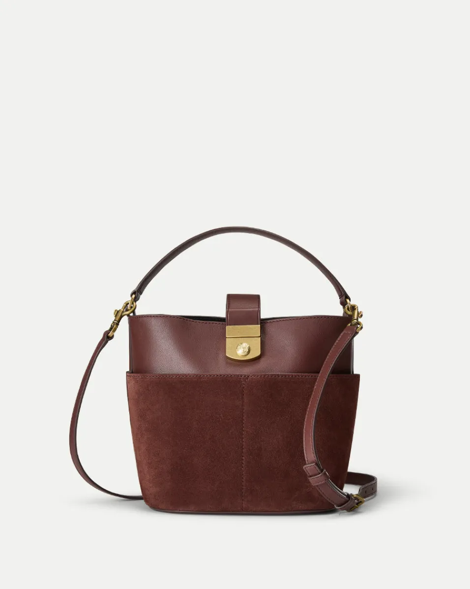 Fashion Veronica Beard Small Crest Lock Suede Bucket Bag in Chestnut