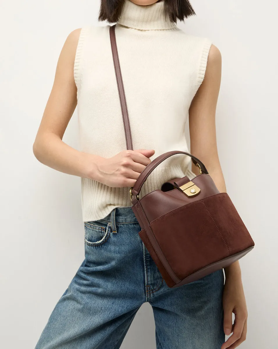 Fashion Veronica Beard Small Crest Lock Suede Bucket Bag in Chestnut