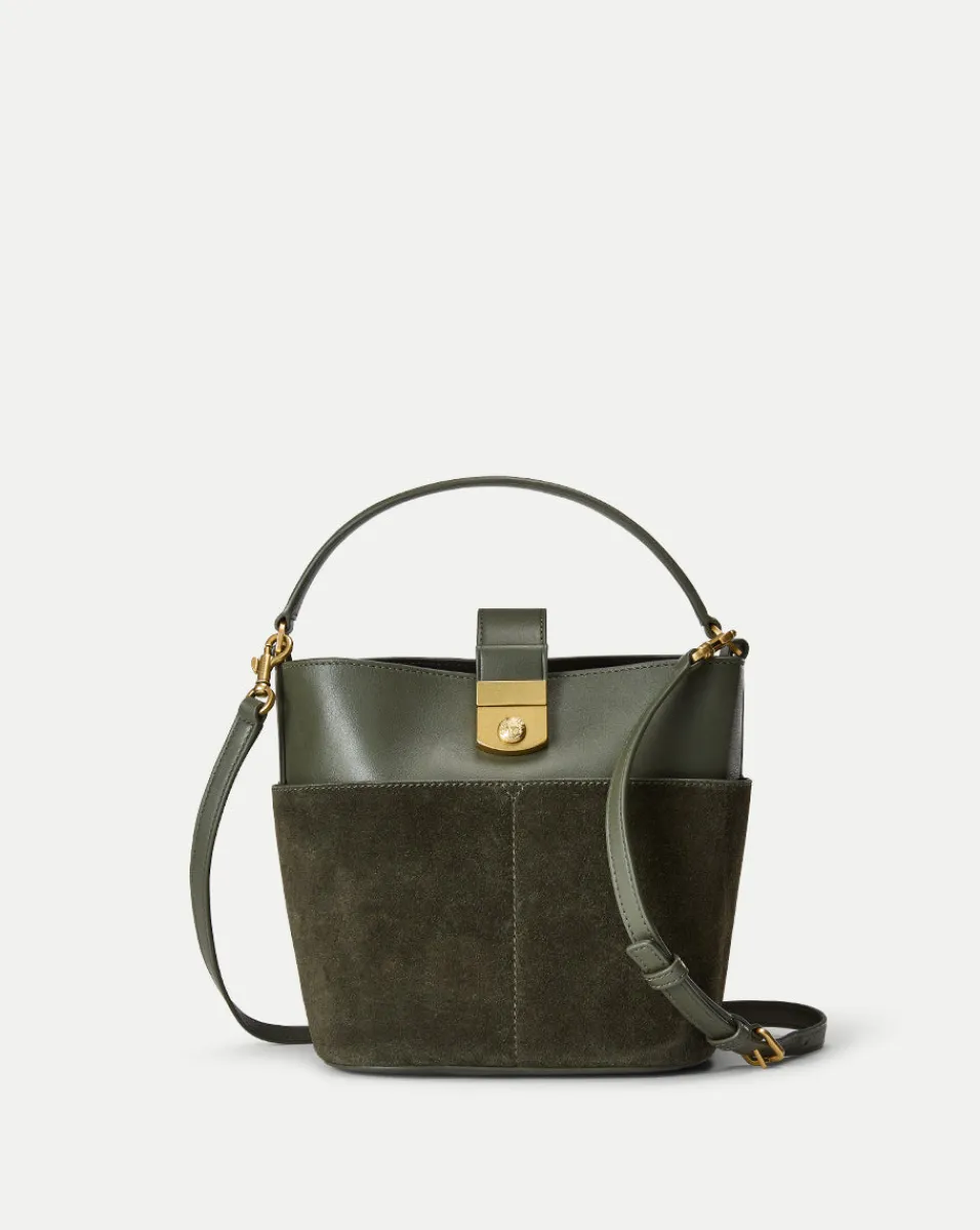 Cheap Veronica Beard Small Crest Lock Suede Bucket Bag in Pine