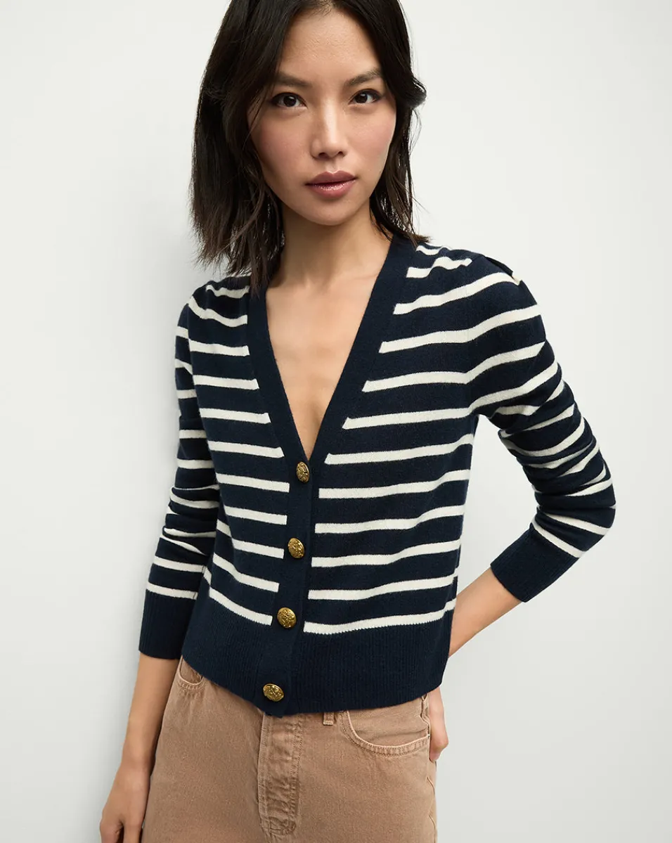 Shop Veronica Beard Solene Cashmere Striped Cardigan in Navy Navy/Ivory