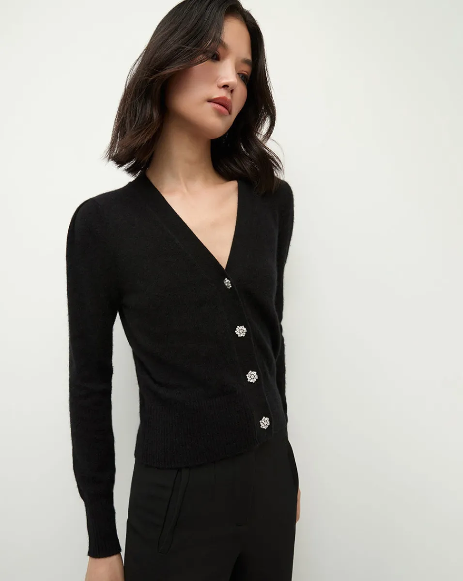 Store Veronica Beard Solene Rhinestone-Button Cashmere Cardigan in Black BlackRhinestones