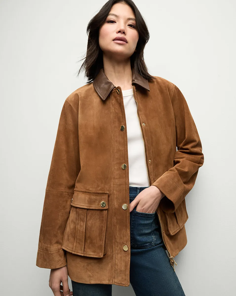 Shop Veronica Beard Suz Suede Dickey Chore Coat in Tan Whisky