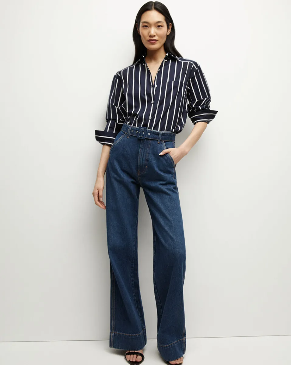 Outlet Veronica Beard Taylor Belted Wide-Leg Jean in Dusted Oxford DustedOxford